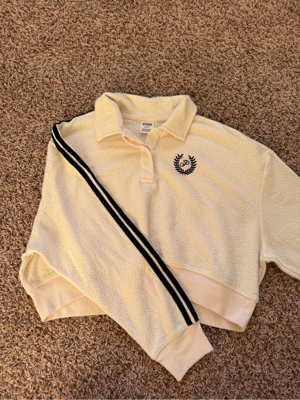 PINK Victoria's Secret Cream Polo Terry Sweatshirt with Black Stripe